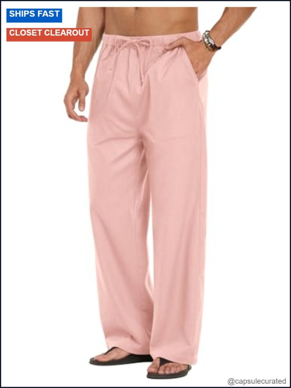 Linen Drawstring Elastic Waist Pants Straight Leg Summer Beach Pant
